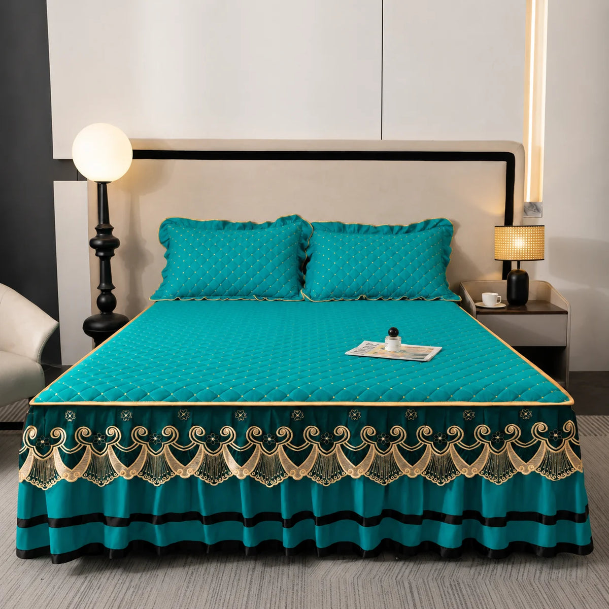 Bed Skirt Quilted Cotton Blend Lace Trim Anti-Slip