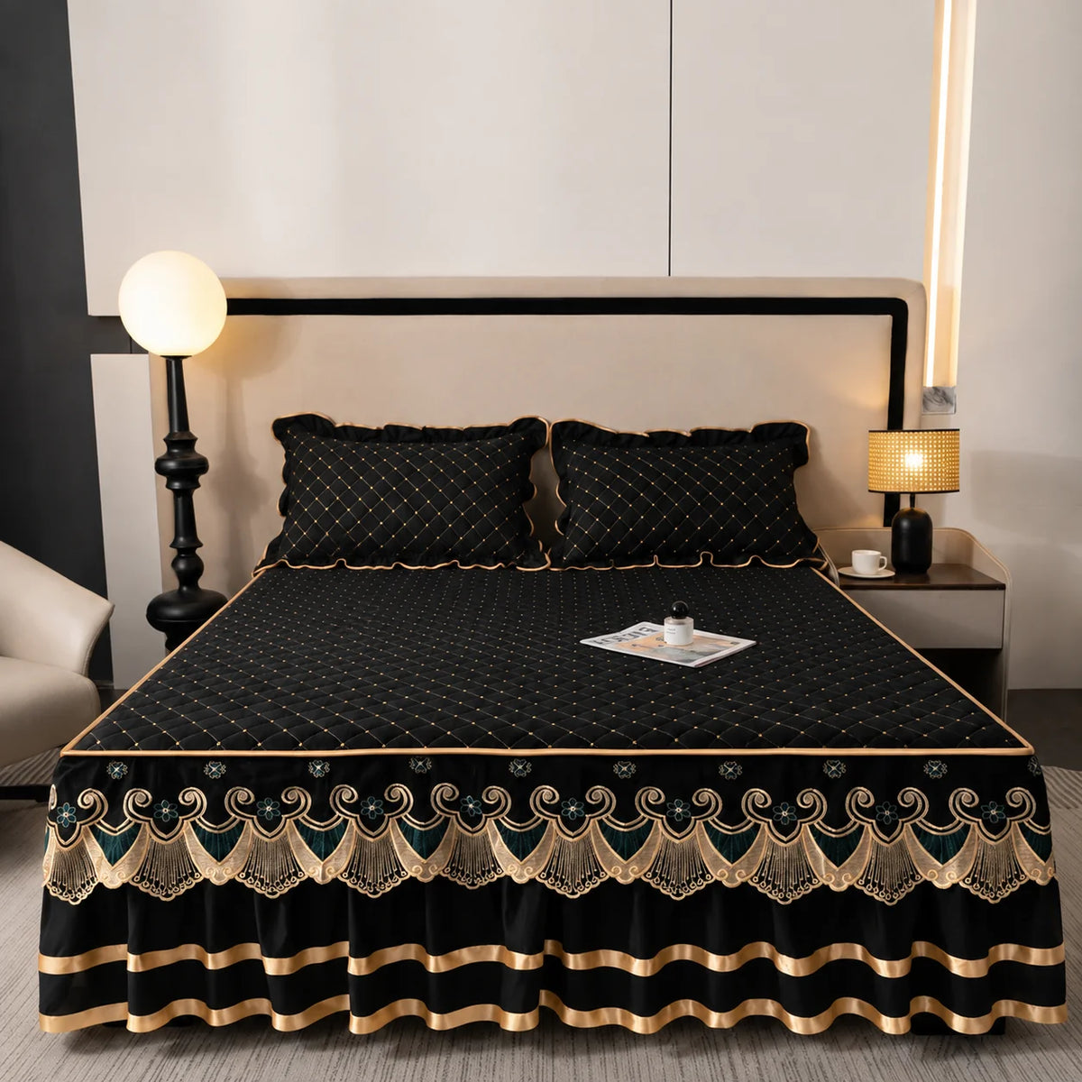 Bed Skirt Quilted Cotton Blend Lace Trim Anti-Slip