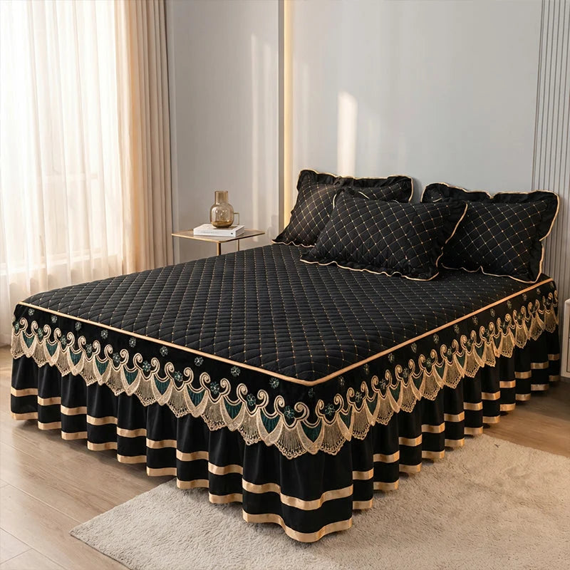 Bed Skirt Quilted Cotton Blend Lace Trim Anti-Slip