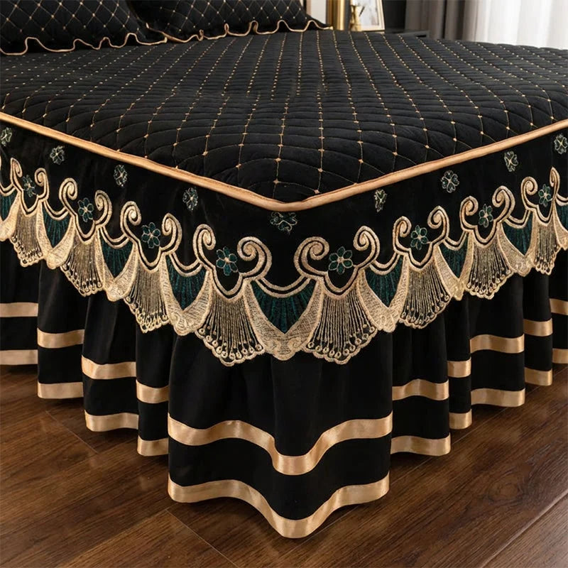 Bed Skirt Quilted Cotton Blend Lace Trim Anti-Slip