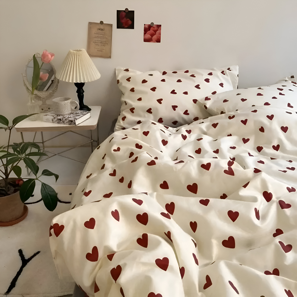 Bedding Set Heart Print Soft Polyester Machine Washable