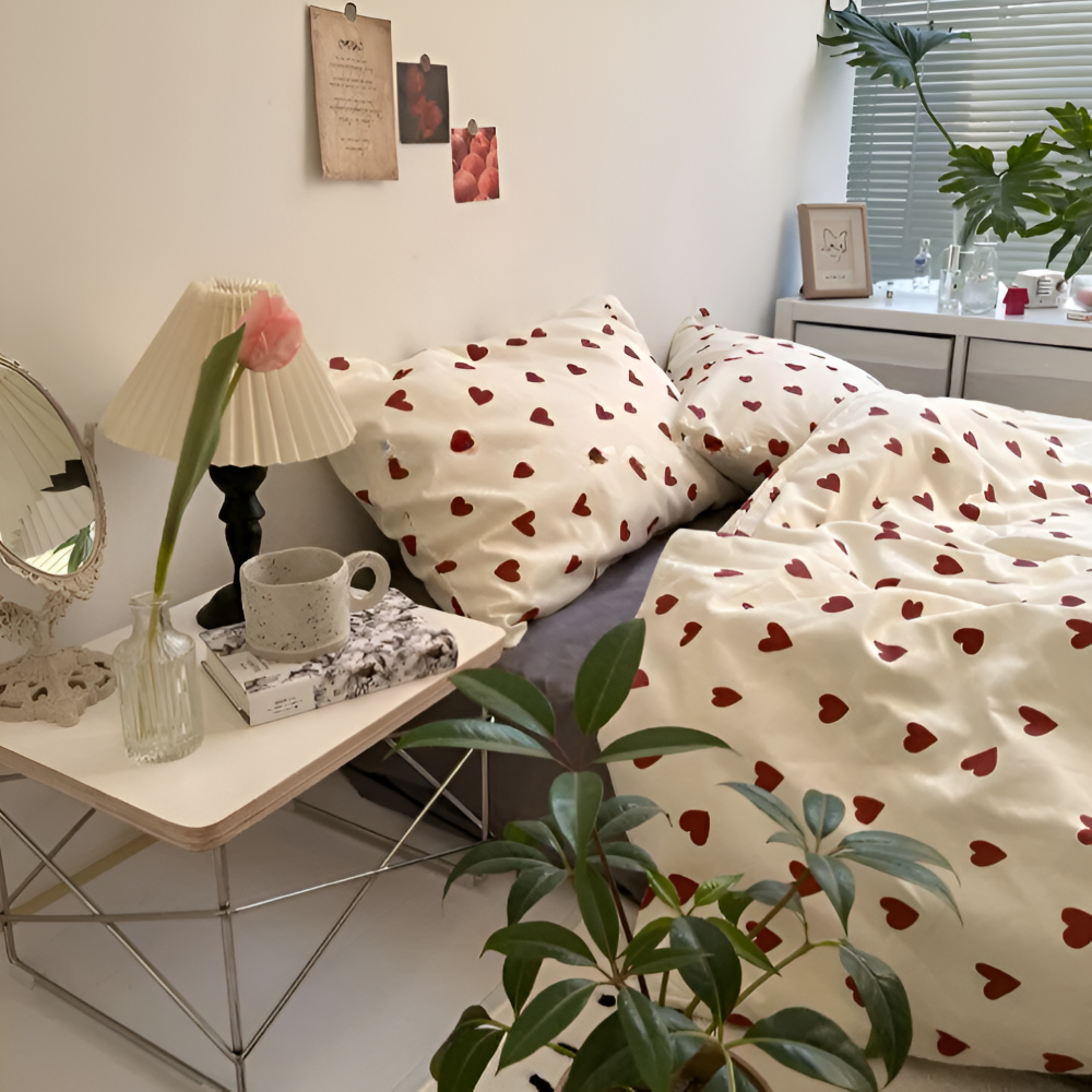 Bedding Set Heart Print Soft Polyester Machine Washable