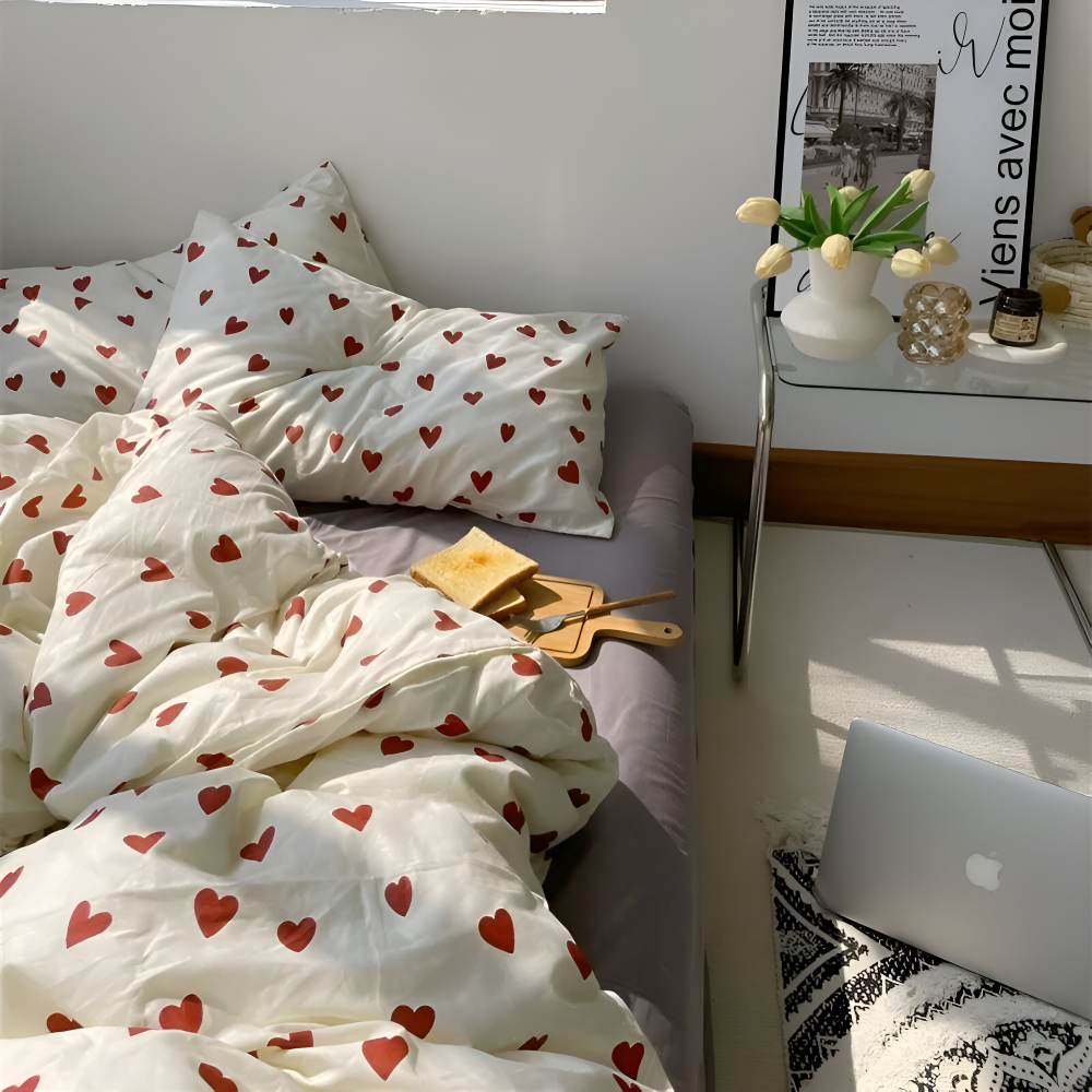 Bedding Set Heart Print Soft Polyester Machine Washable