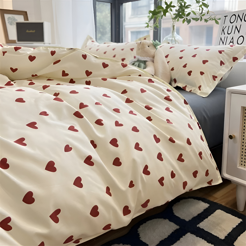 Bedding Set Heart Print Soft Polyester Machine Washable