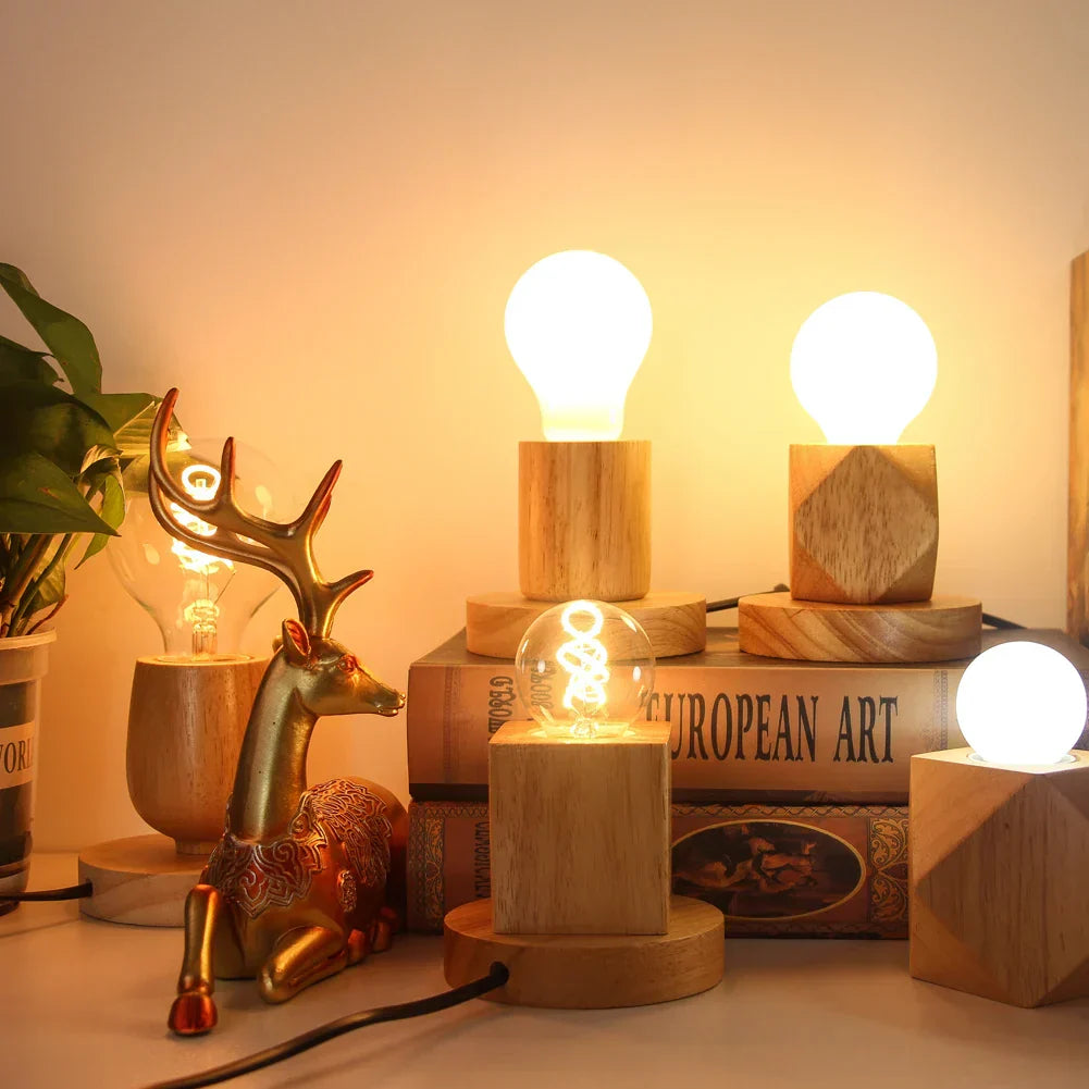 Bedside Table Lamp Natural Wood Warm White LED Included