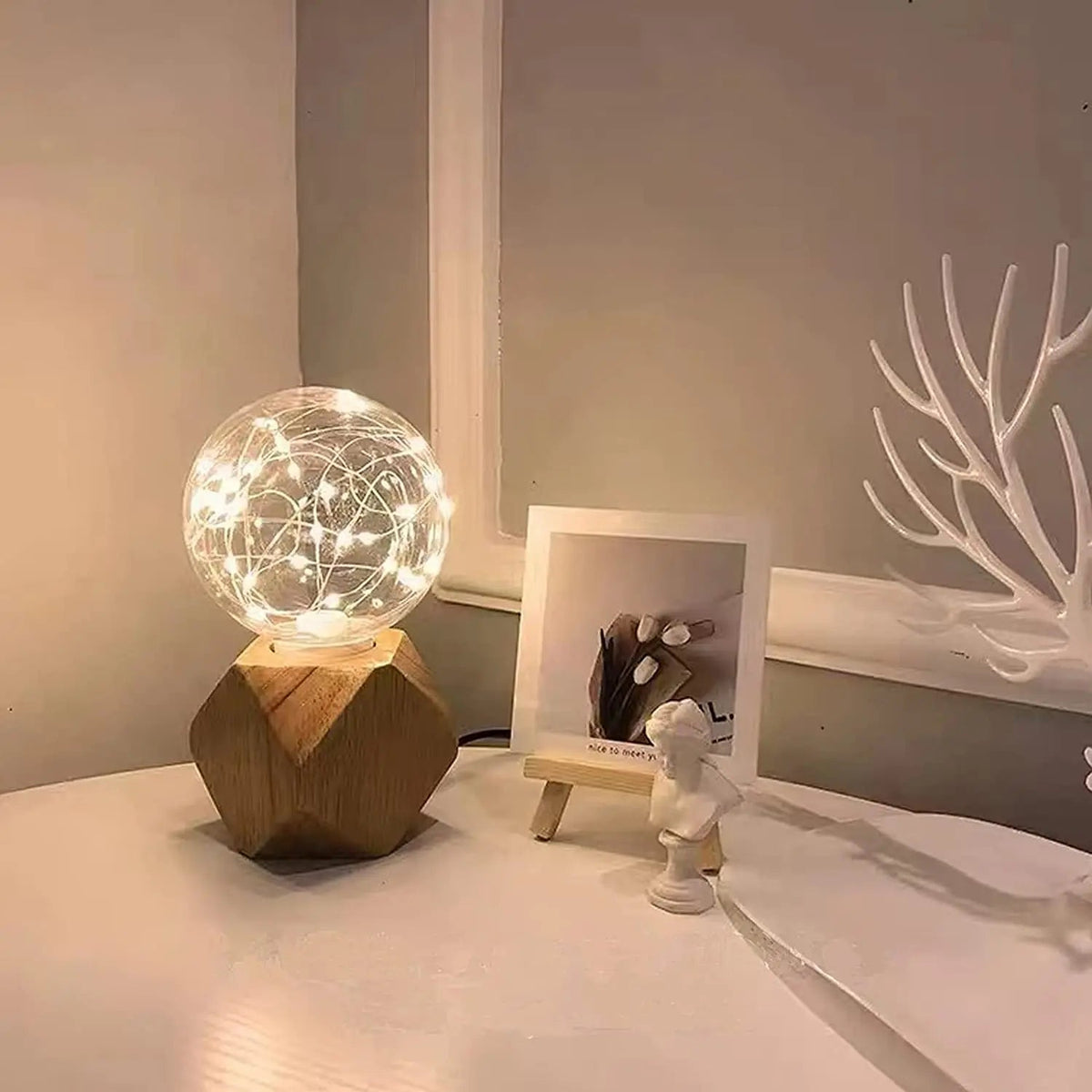 Bedside Table Lamp Natural Wood Warm White LED Included