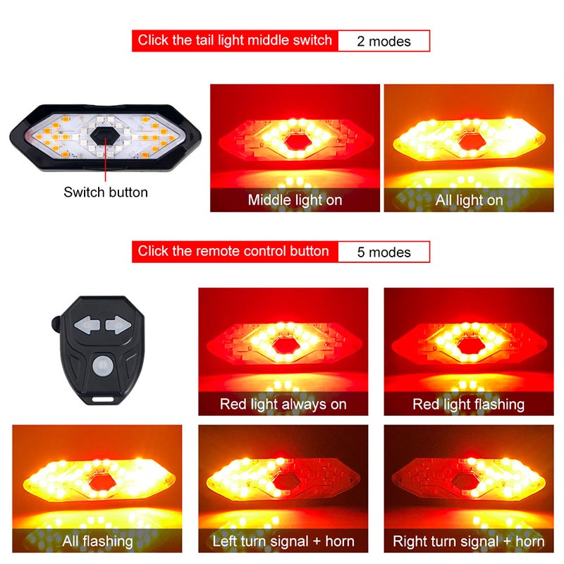 Bicycle Taillight Remote-Controlled Turn Signals USB-Rechargeable Waterproof