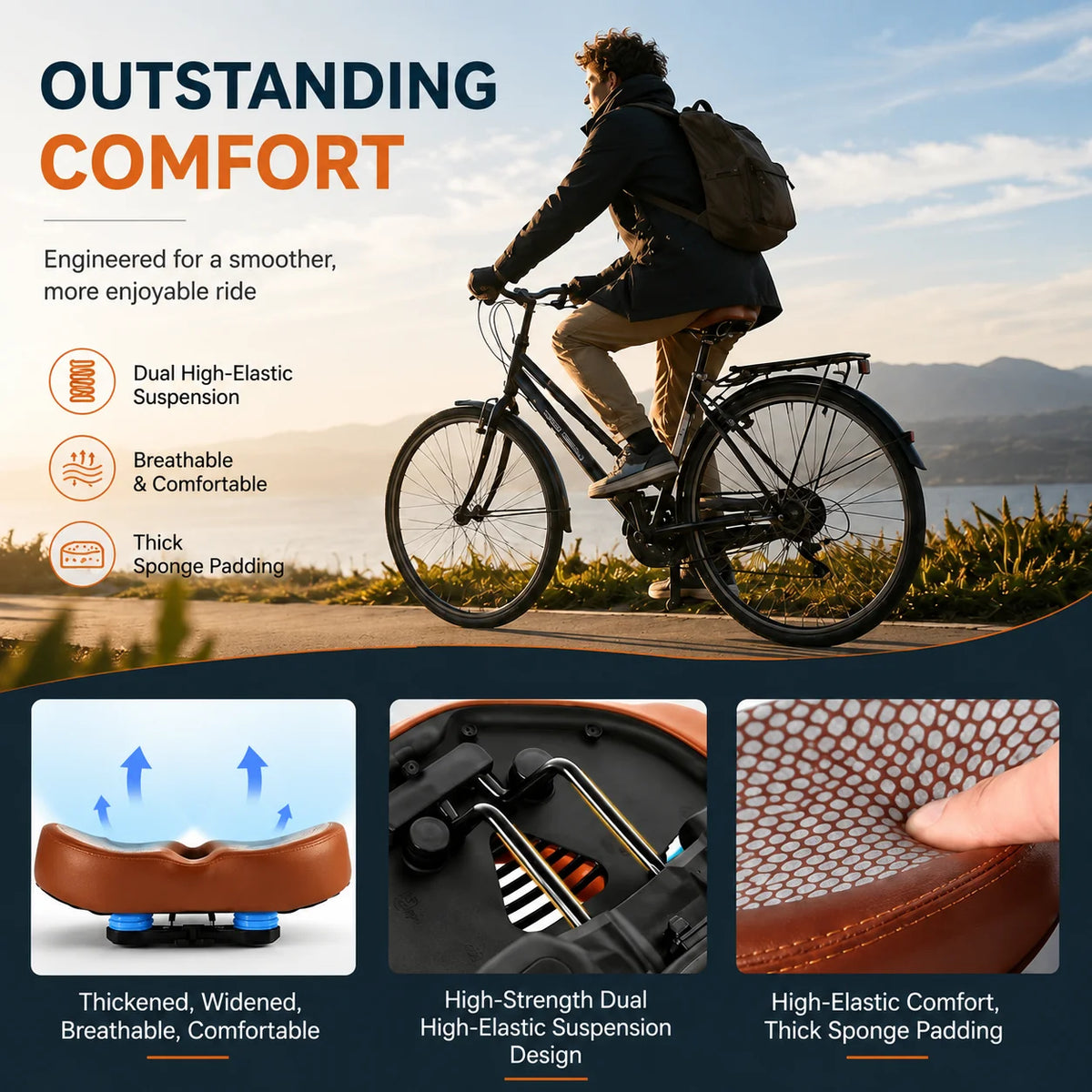 Bike Saddle Noseless Extra Wide Dual-Spring & High-Density Foam