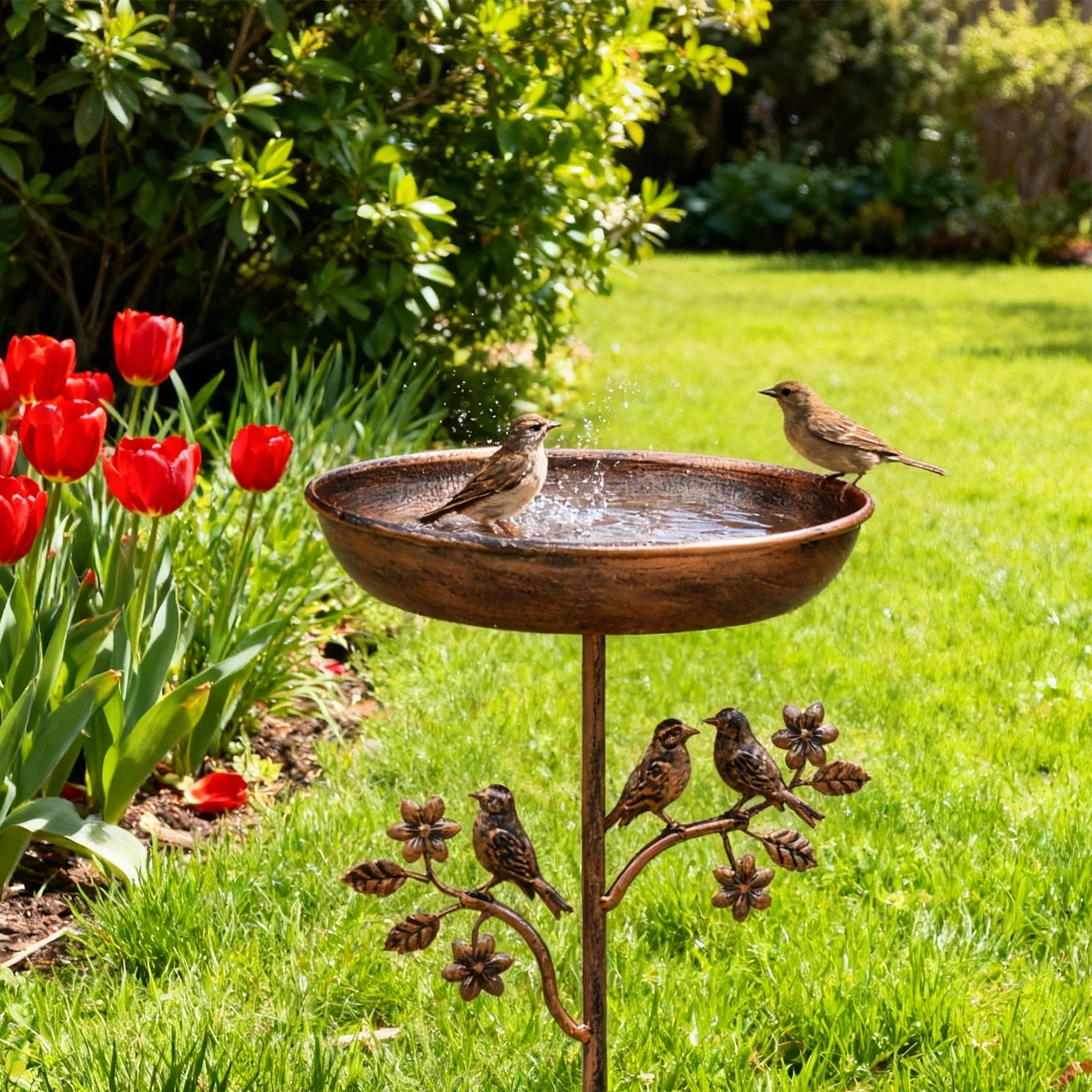 Bird Bath Copper-Look Metal Wide Bowl Tool-Free Assembly