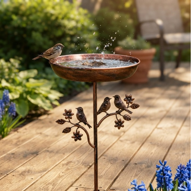 Bird Bath Copper-Look Metal Wide Bowl Tool-Free Assembly