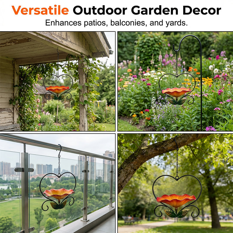 Bird Feeder Heart-Shaped Flower Bowl Weather-Resistant Iron