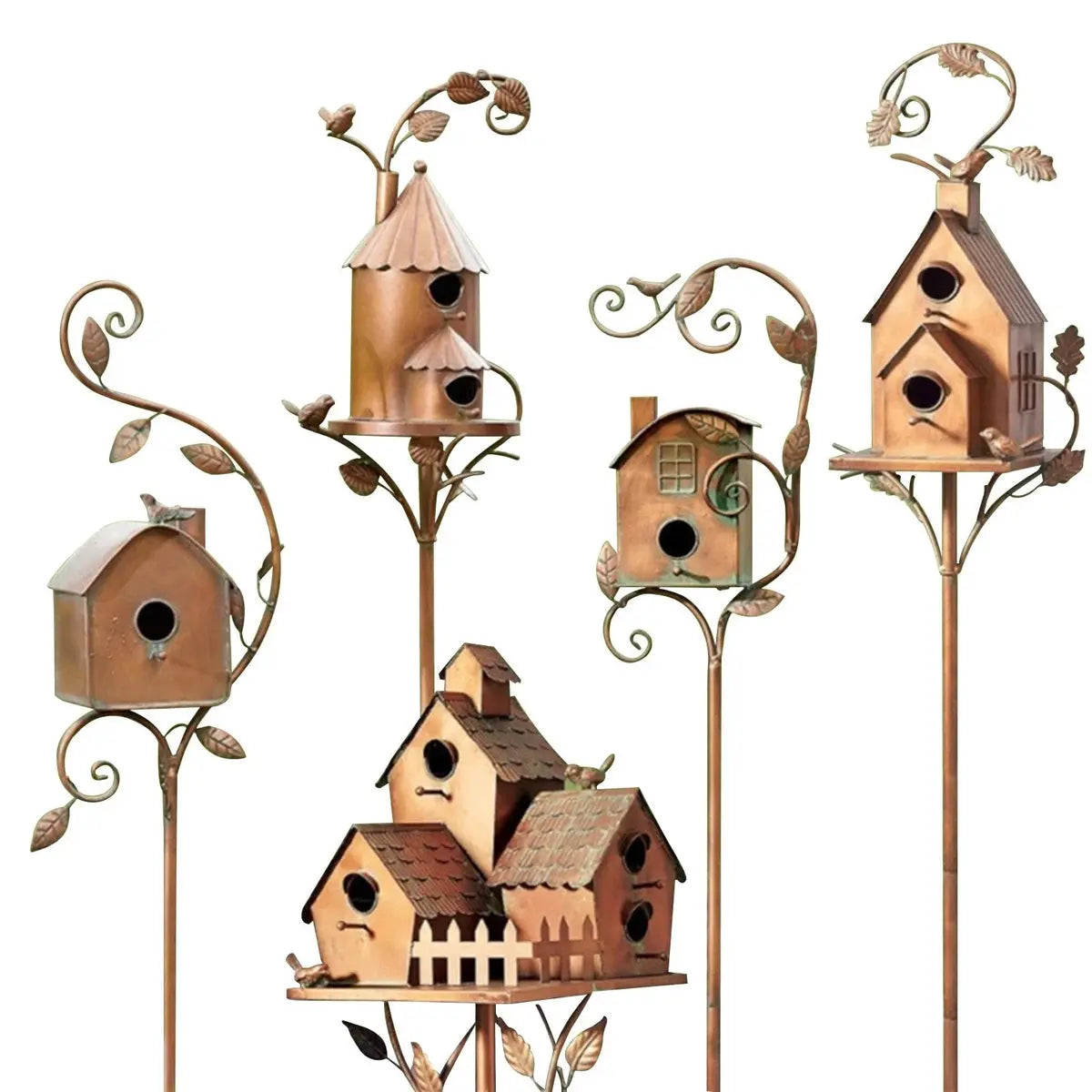 Birdhouse Garden Stake Metal Copper-Bronze Leaf & Vine