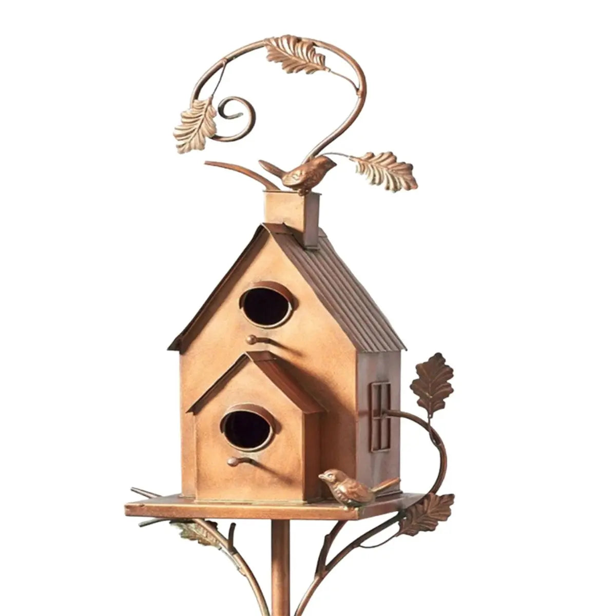 Birdhouse Garden Stake Metal Copper-Bronze Leaf & Vine