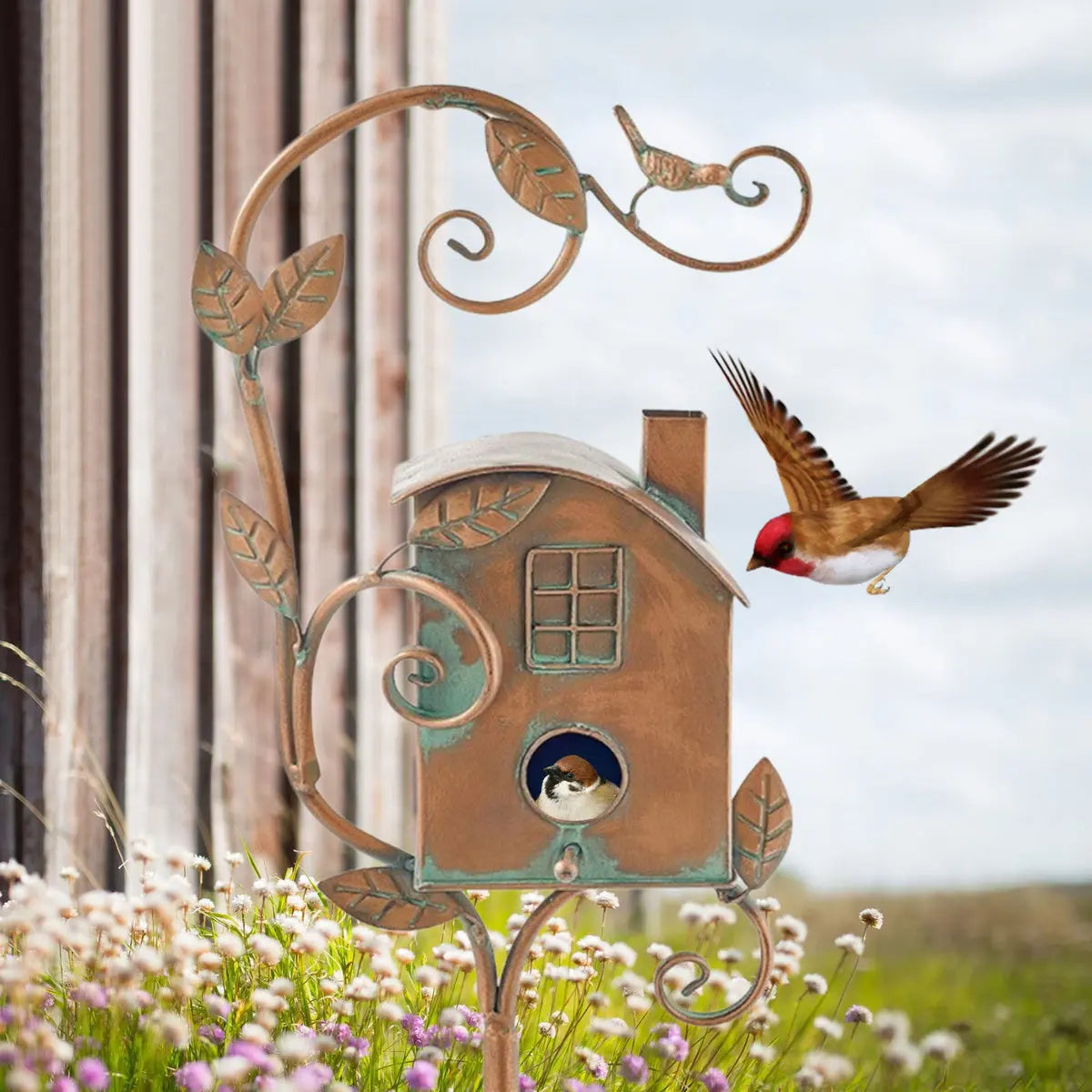 Birdhouse Garden Stake Metal Copper-Bronze Leaf & Vine