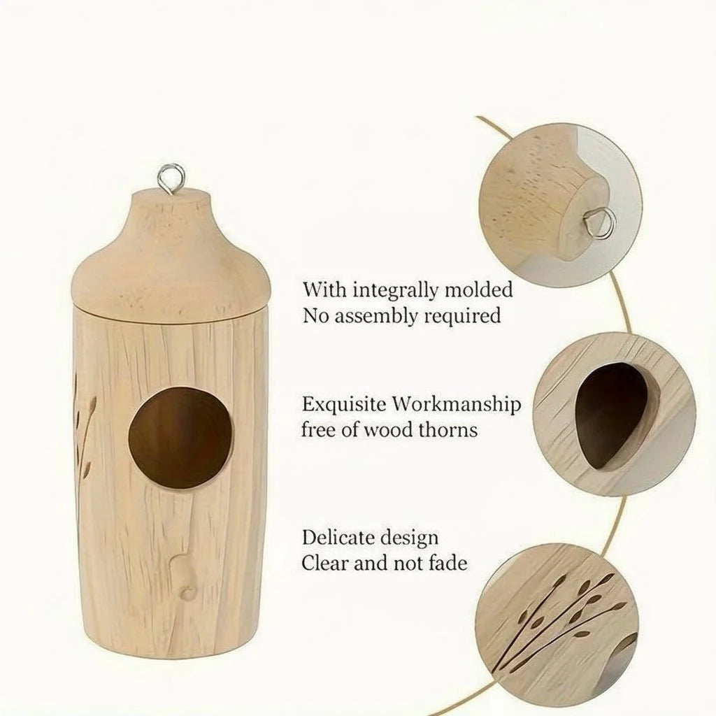 Birdhouse Set Natural Wood Engraved Hanging