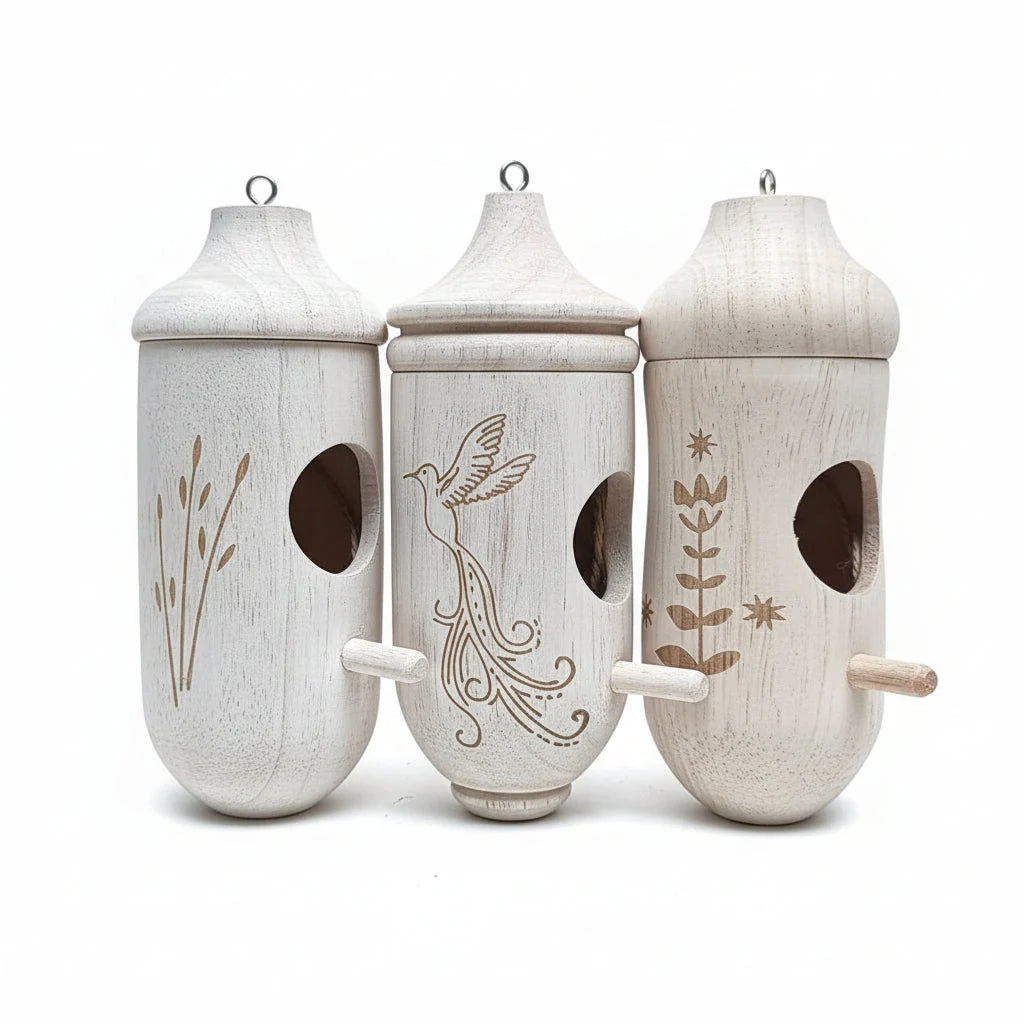 Birdhouse Set Natural Wood Engraved Hanging