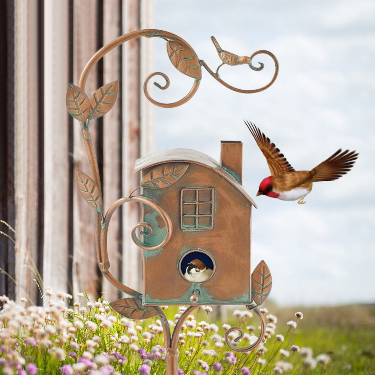 Birdhouse Stake Decorative Metal Copper Bronze