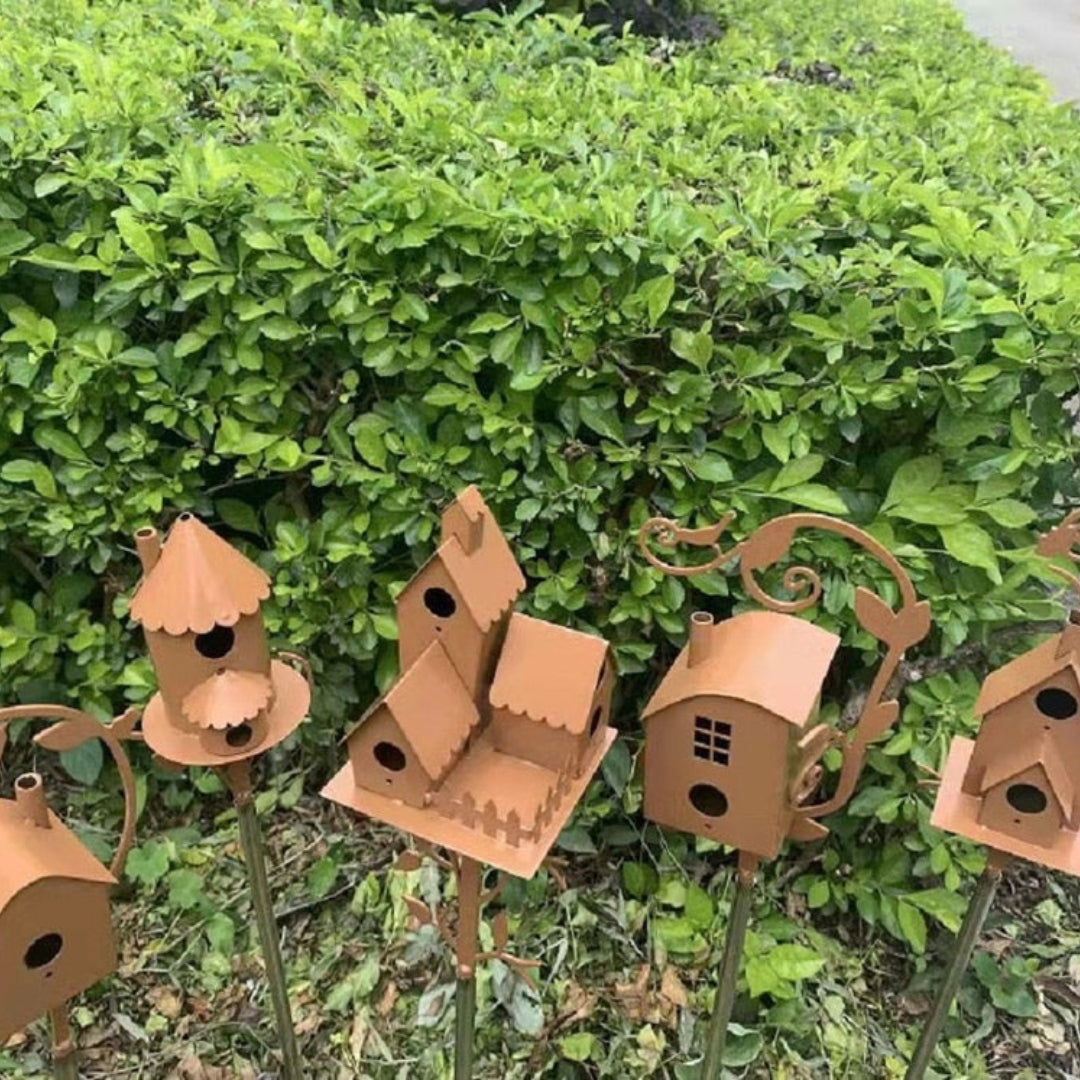 Birdhouse Stake Decorative Metal Copper Bronze