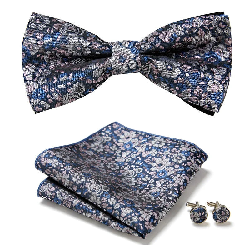 Bow Tie Set Hand-Sewn Polyester Pocket Square & Cufflinks