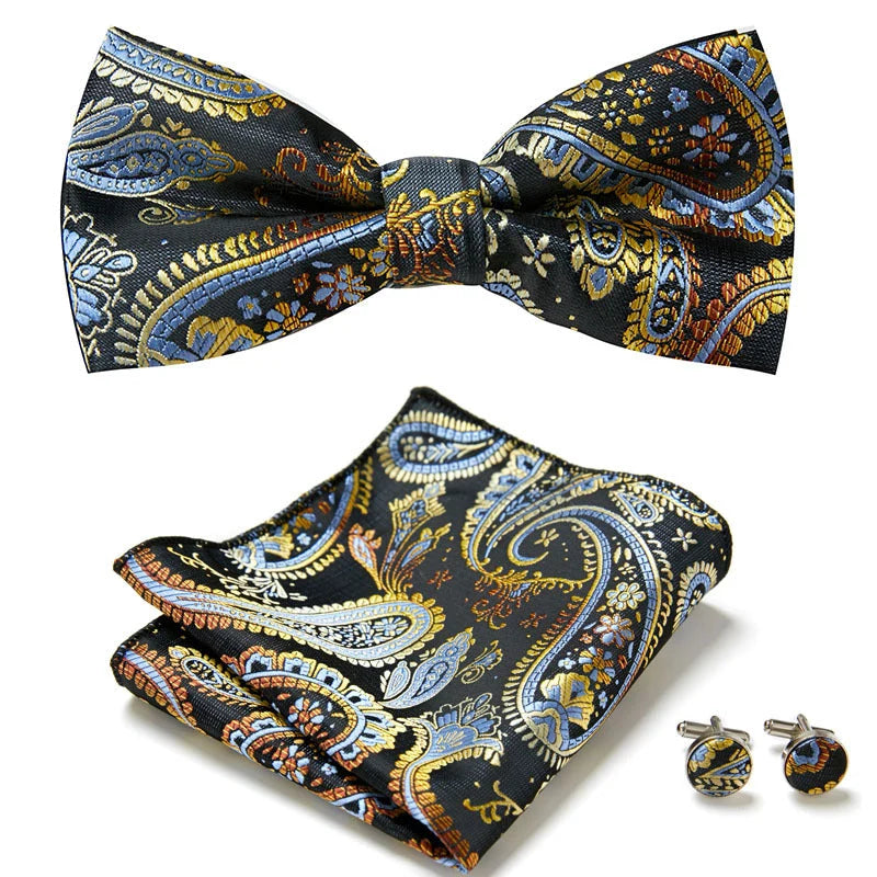 Bow Tie Set Hand-Sewn Polyester Pocket Square & Cufflinks