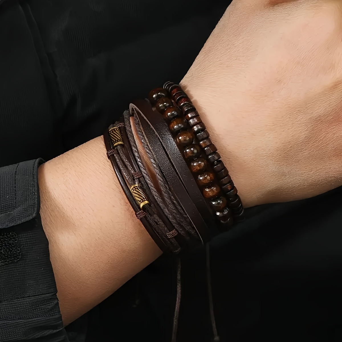 Bracelet Set Genuine Leather & Wooden Beads 4-Piece