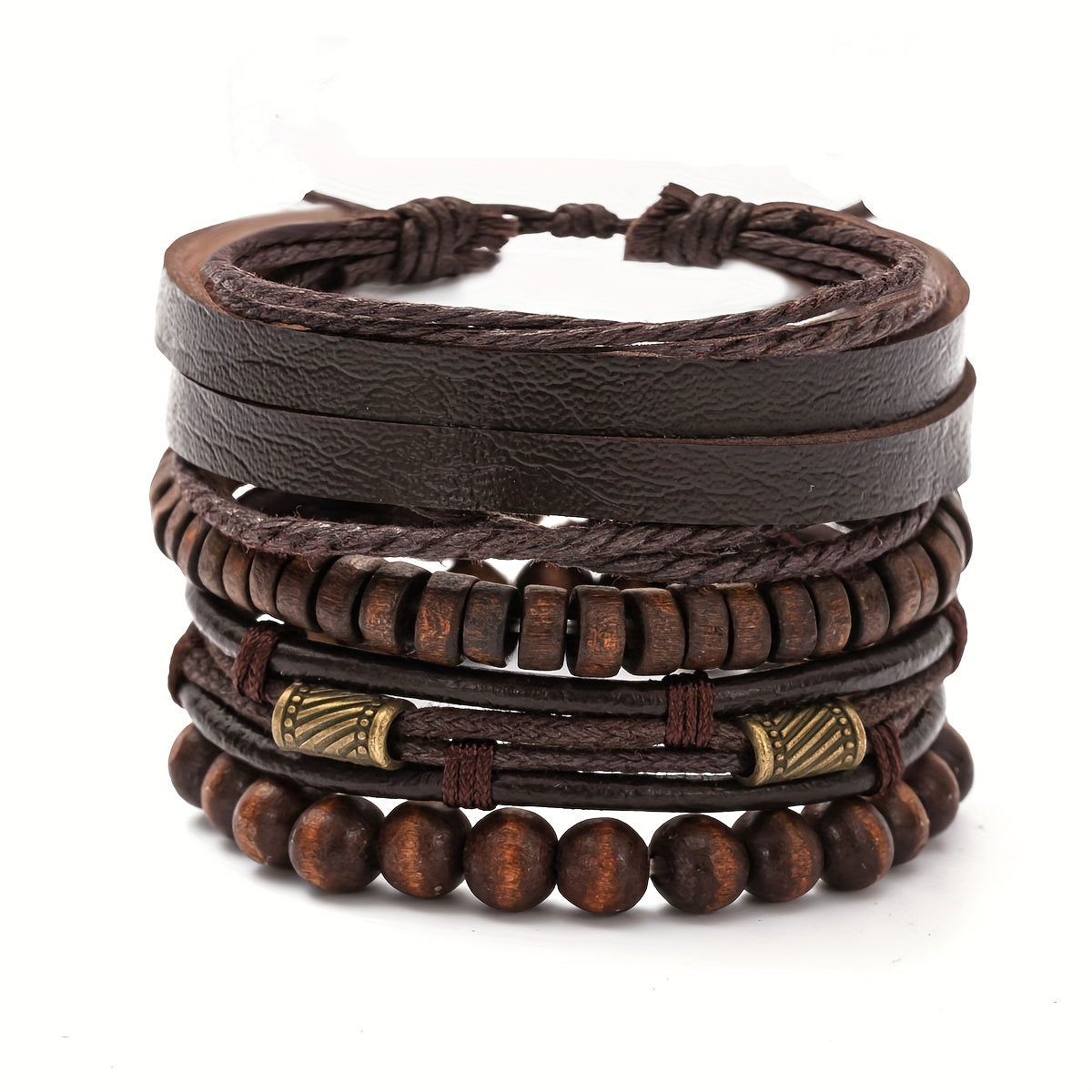 Bracelet Set Genuine Leather & Wooden Beads 4-Piece