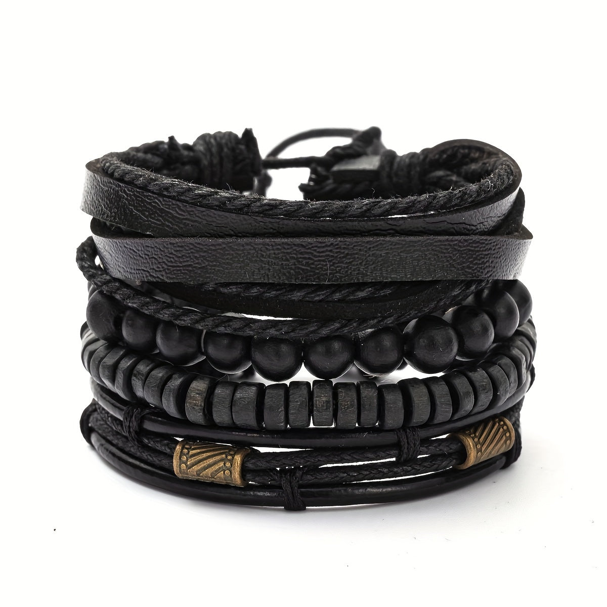 Bracelet Set Genuine Leather & Wooden Beads 4-Piece