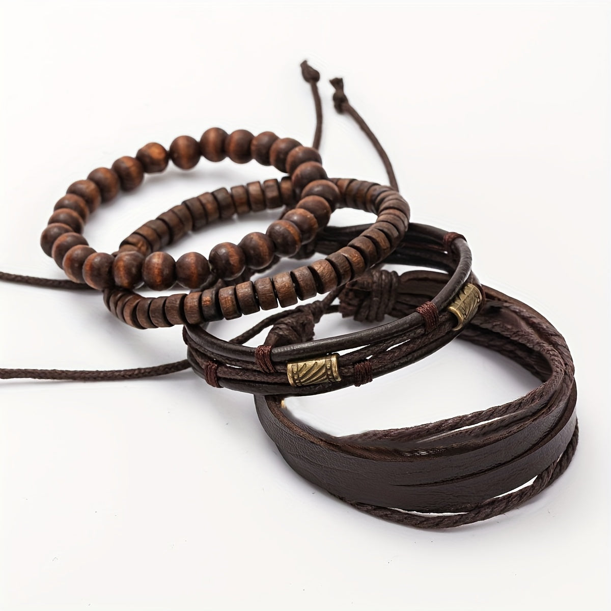 Bracelet Set Genuine Leather & Wooden Beads 4-Piece