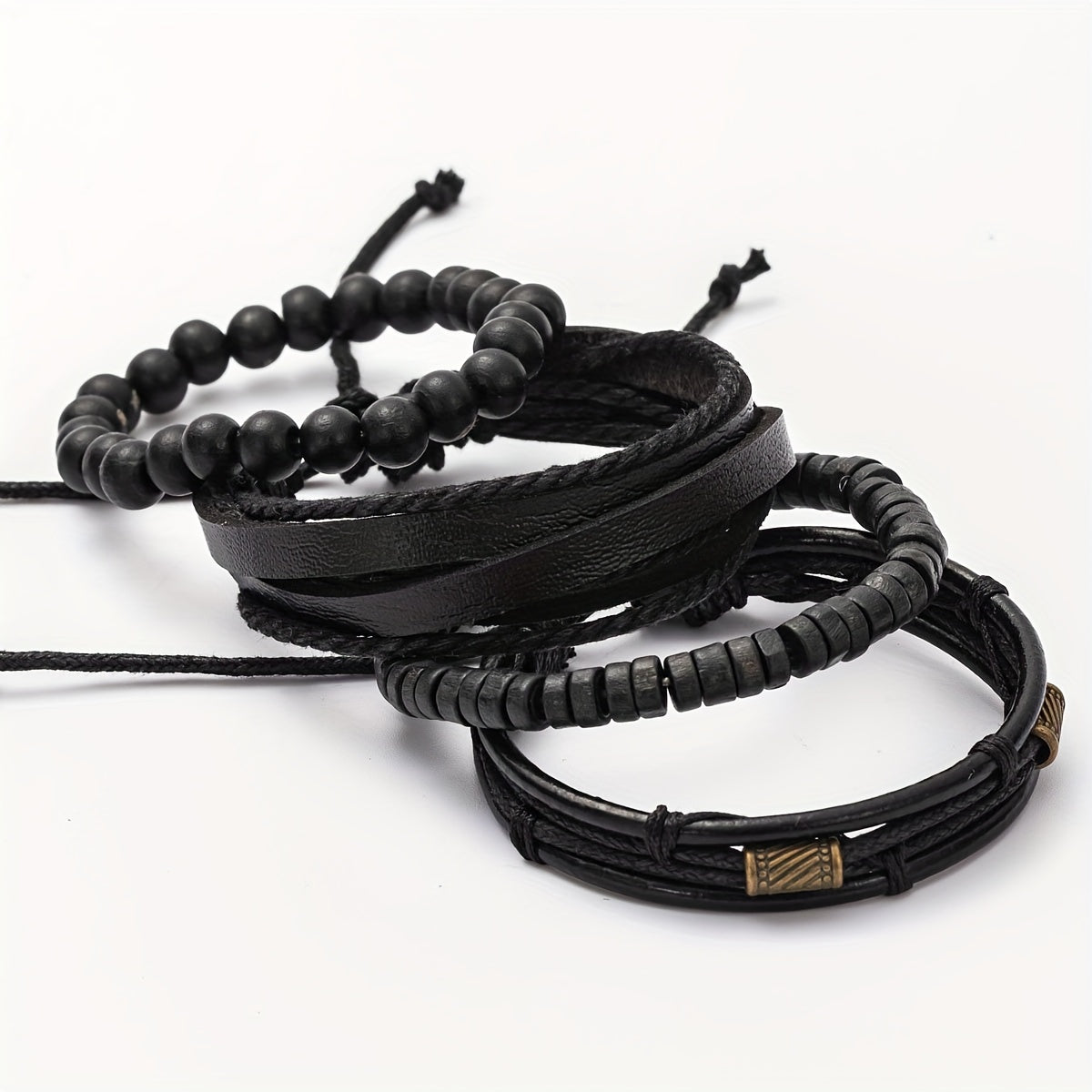 Bracelet Set Genuine Leather & Wooden Beads 4-Piece