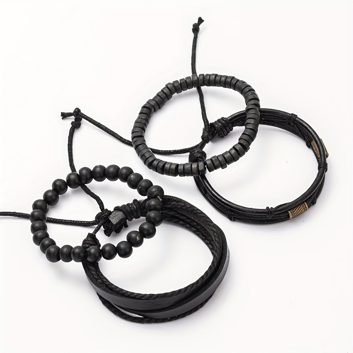Bracelet Set Genuine Leather & Wooden Beads 4-Piece