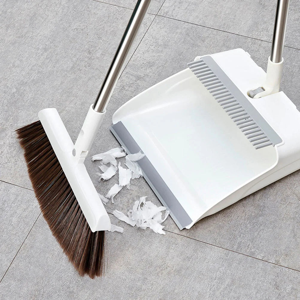 Broom & Dustpan Set Adjustable Stainless Handle Serrated Edge