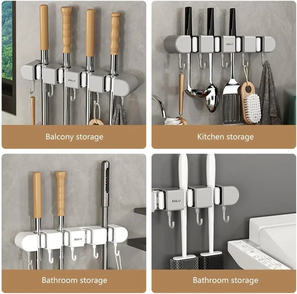 Broom & Mop Holder Space-Saving Stainless Steel Grip