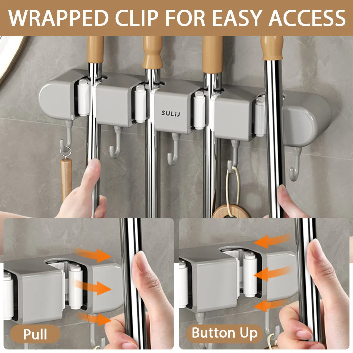 Broom & Mop Holder Space-Saving Stainless Steel Grip