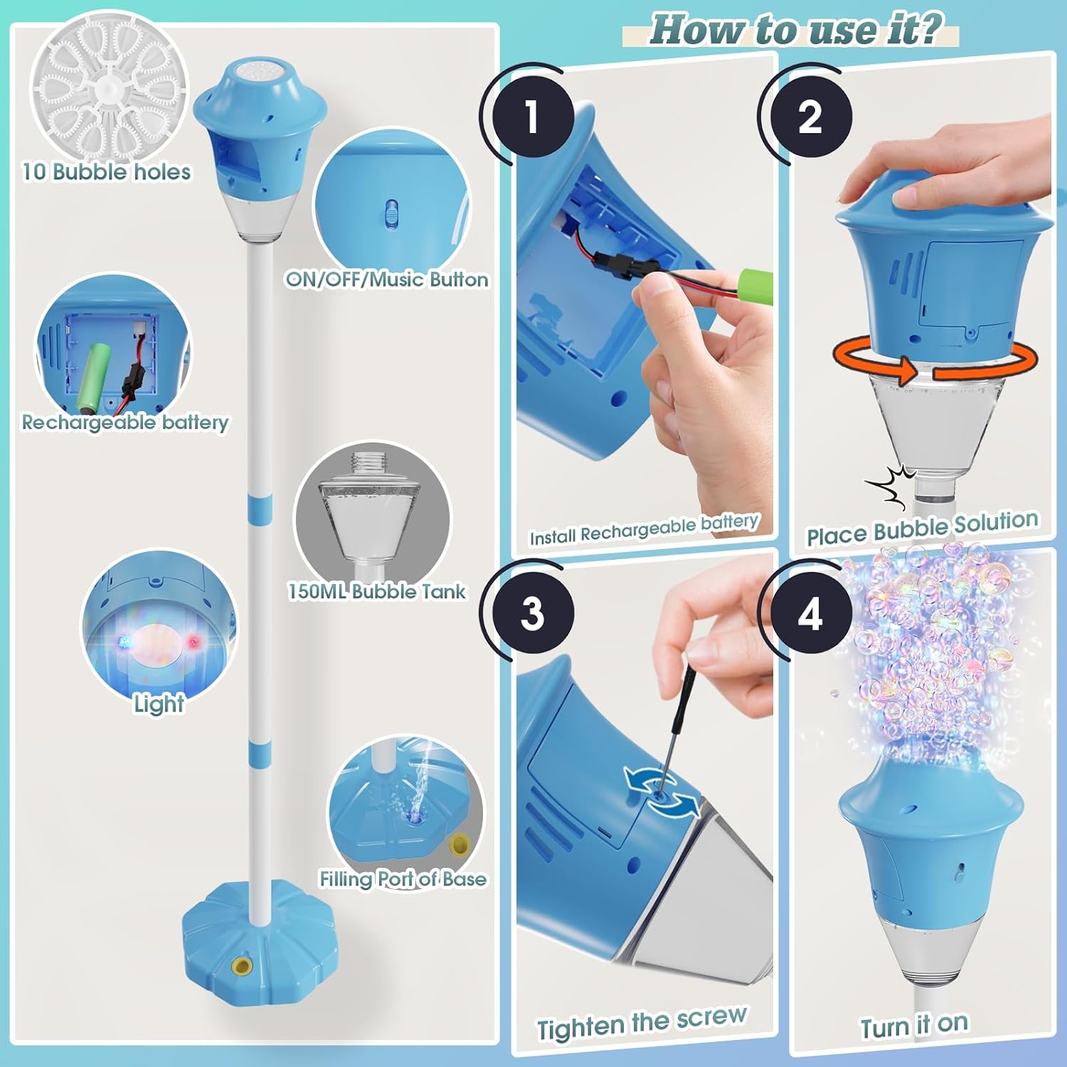 Bubble Machine Rechargeable Colorful LED 10,000 Bubbles Per Minute
