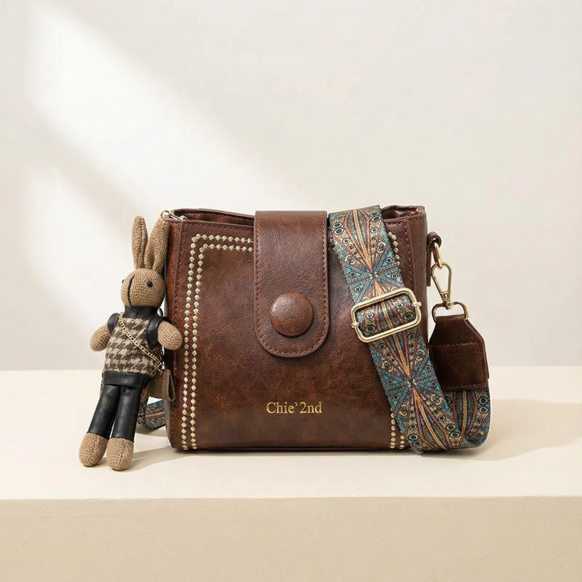 Bucket Crossbody Bag Vintage PU Leather Adjustable Woven Strap