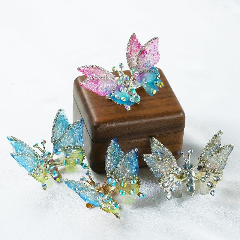 Butterfly Hair Clips Movable Wings & Sparkling Rhinestones 8-Pack