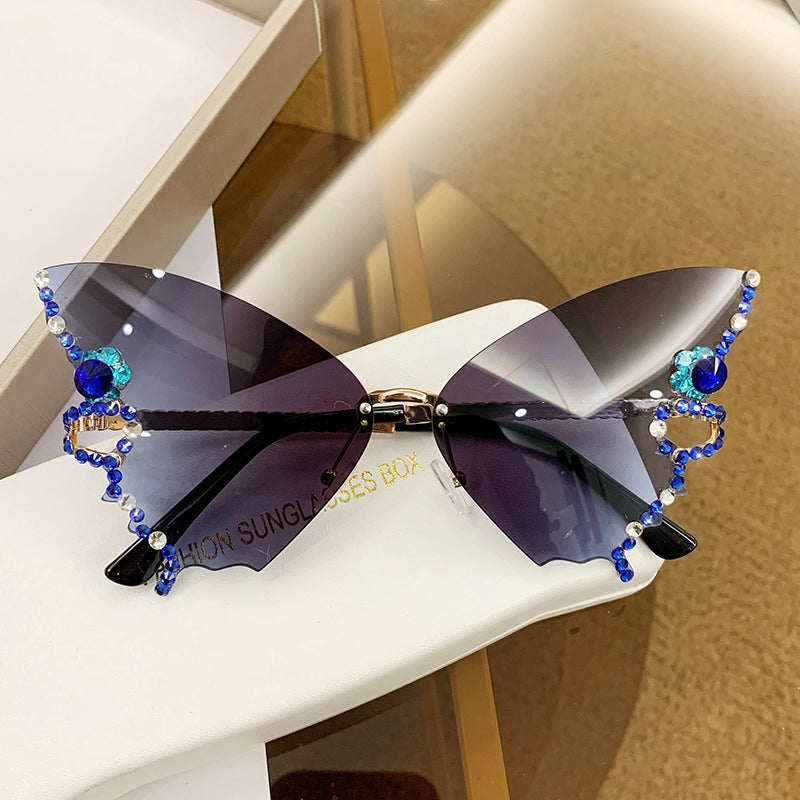 Butterfly Sunglasses Rimless Crystal Metal Frame UV400