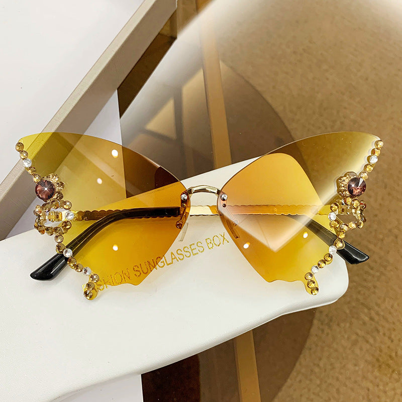 Butterfly Sunglasses Rimless Crystal Metal Frame UV400