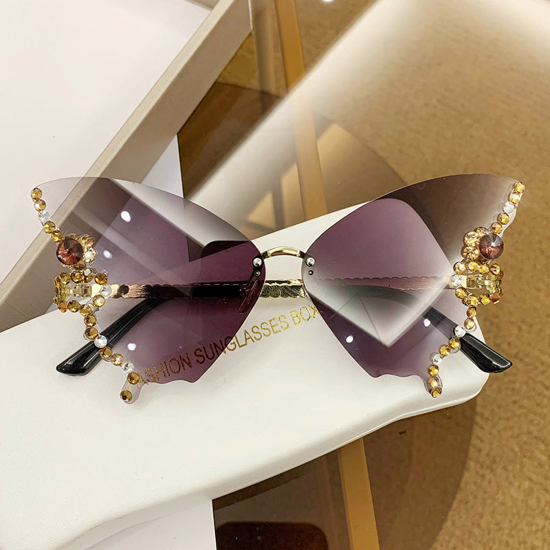 Butterfly Sunglasses Rimless Crystal Metal Frame UV400