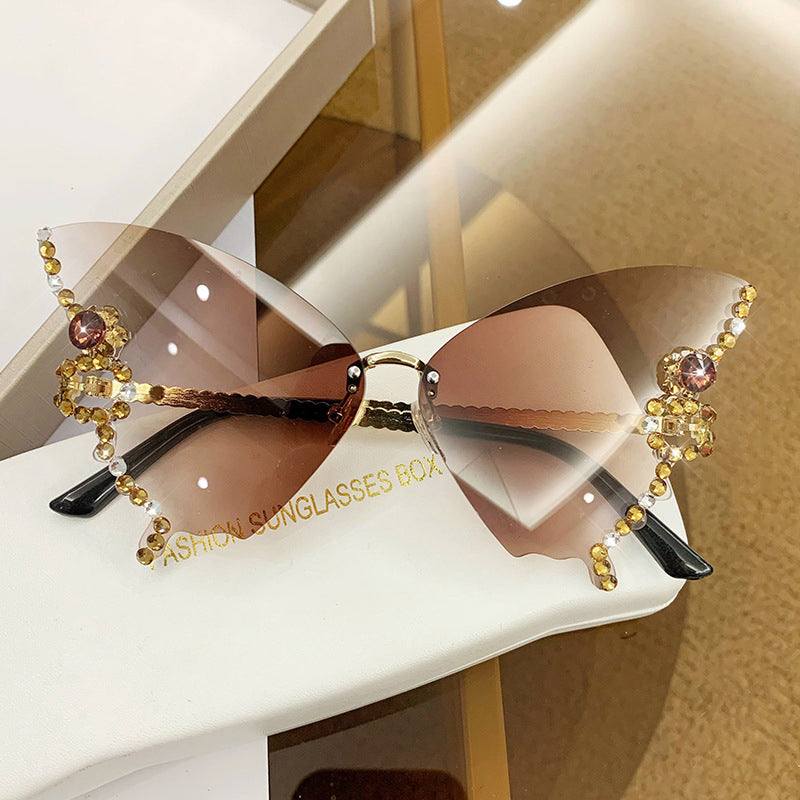 Butterfly Sunglasses Rimless Crystal Metal Frame UV400