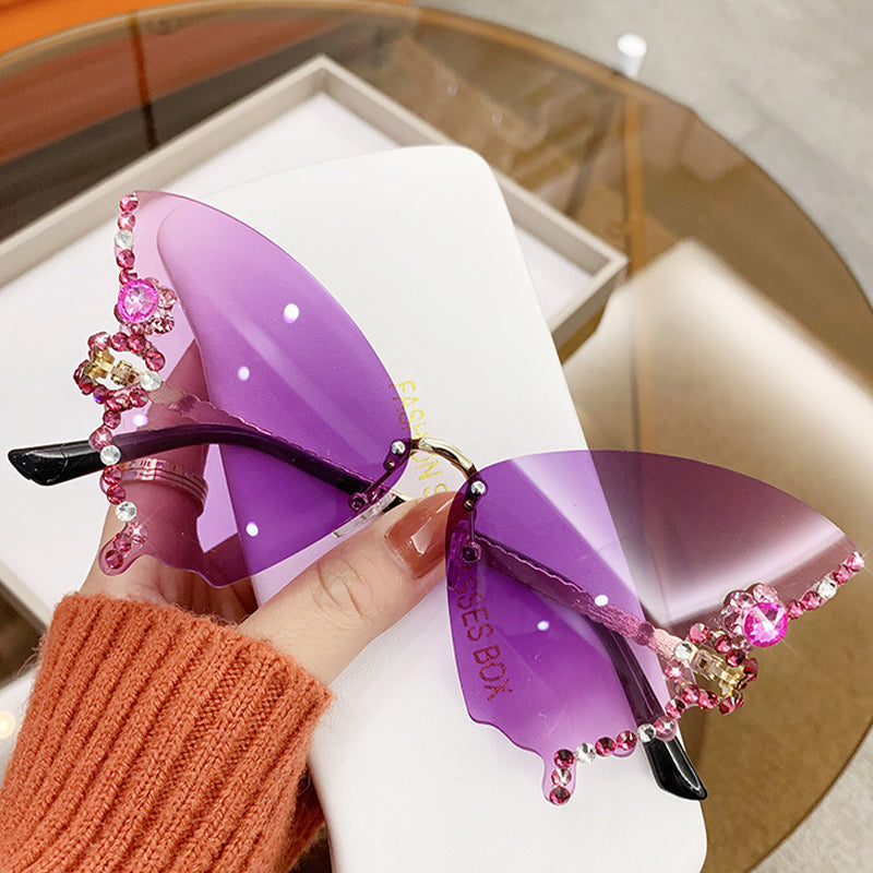 Butterfly Sunglasses Rimless Crystal Metal Frame UV400