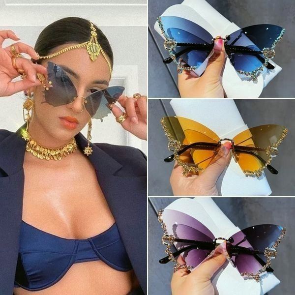 Butterfly Sunglasses Rimless Crystal Metal Frame UV400
