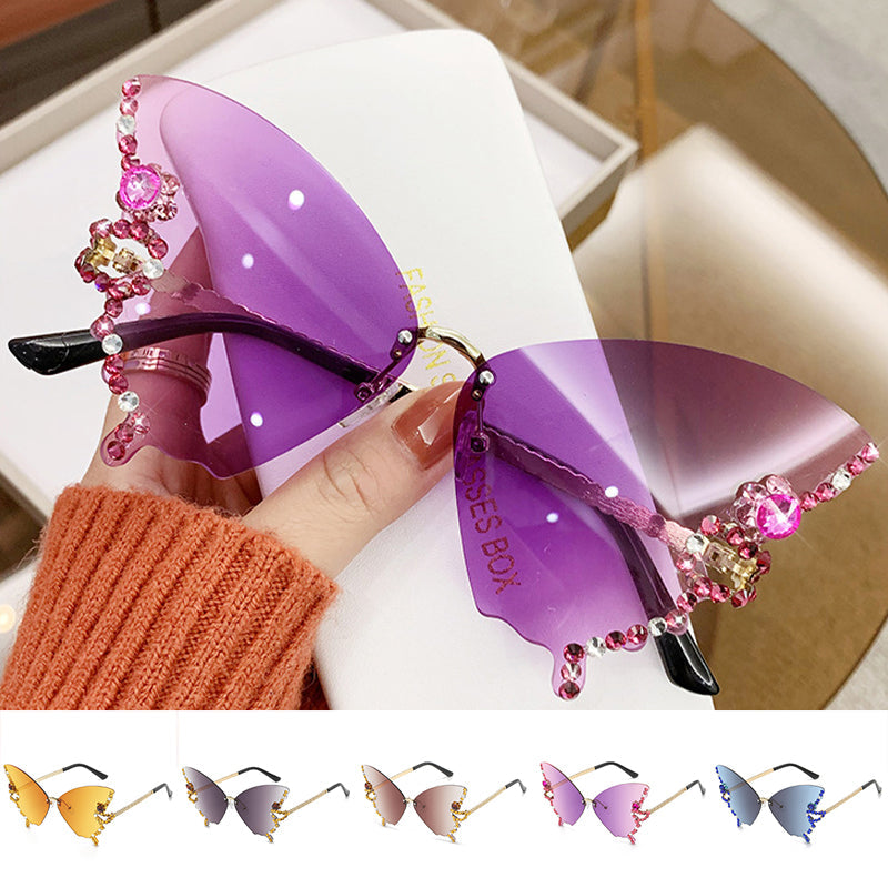 Butterfly Sunglasses Rimless Crystal Metal Frame UV400