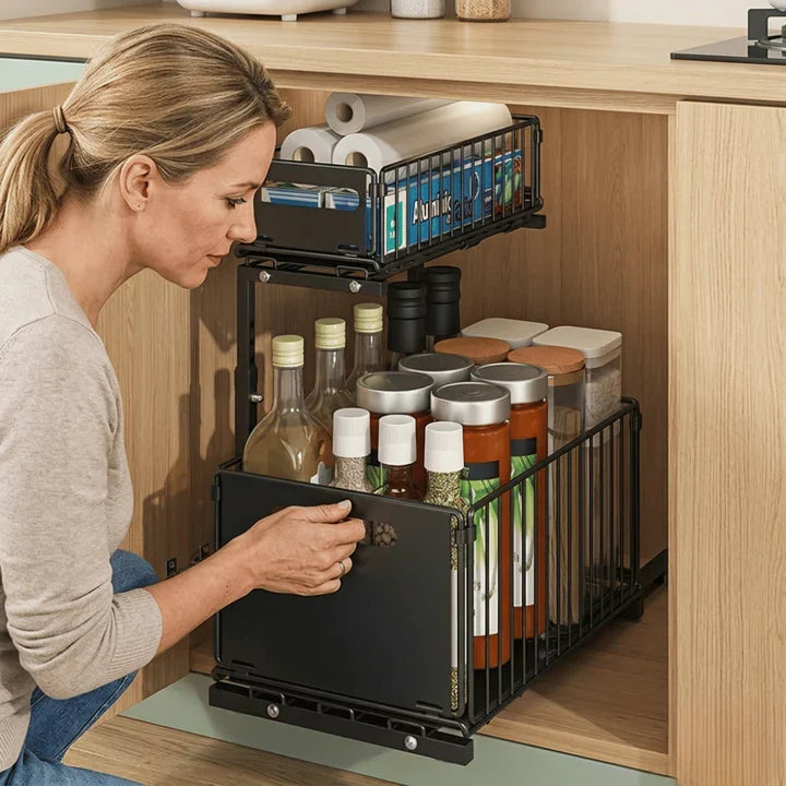 Cabinet Organizer Two-Tier Pull-Out Powder-Coated Steel Adjustable Height