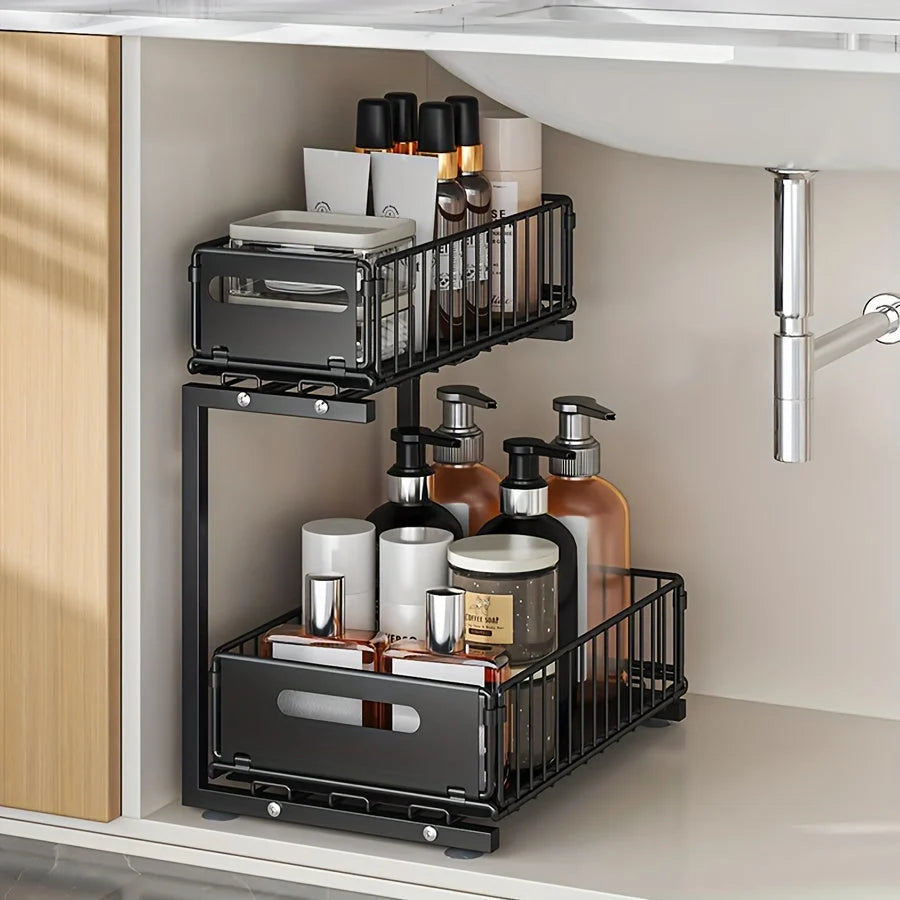 Cabinet Organizer Two-Tier Pull-Out Powder-Coated Steel Adjustable Height