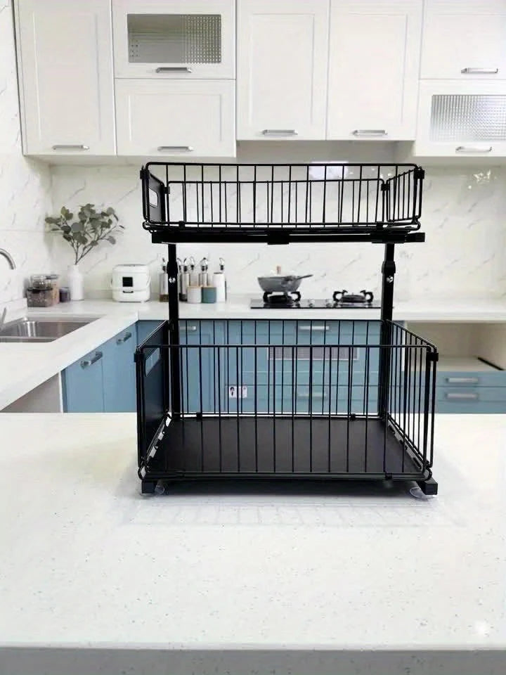 Cabinet Organizer Two-Tier Pull-Out Powder-Coated Steel Adjustable Height