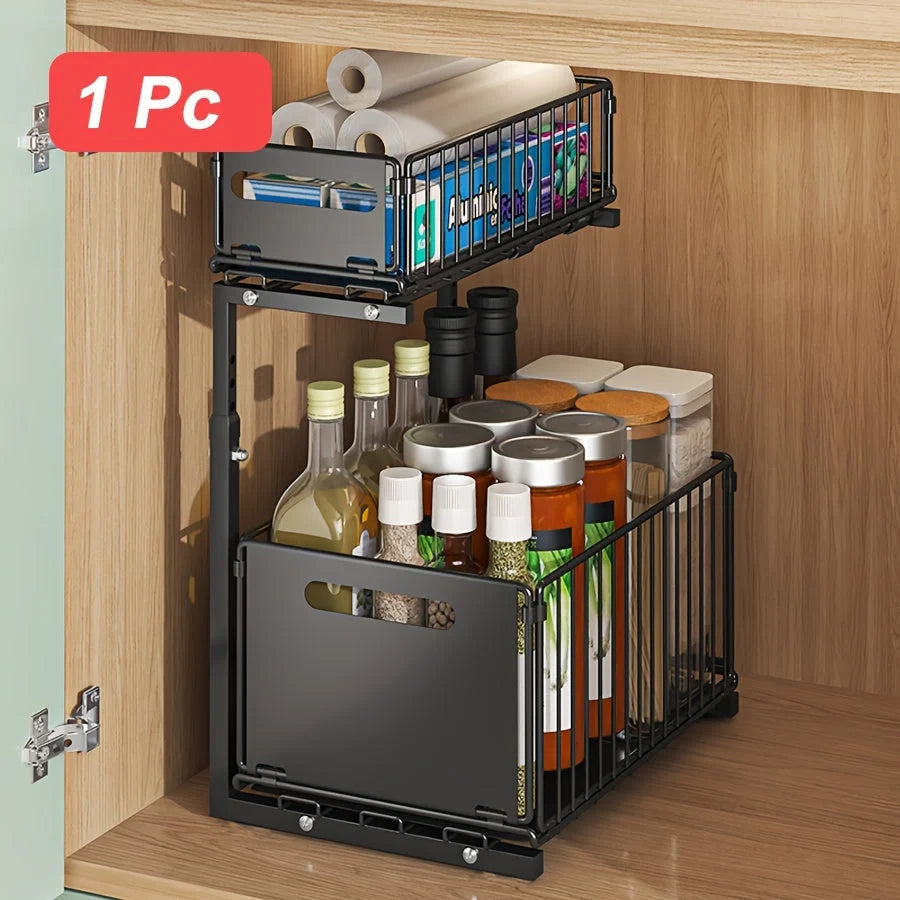 Cabinet Organizer Two-Tier Pull-Out Powder-Coated Steel Adjustable Height