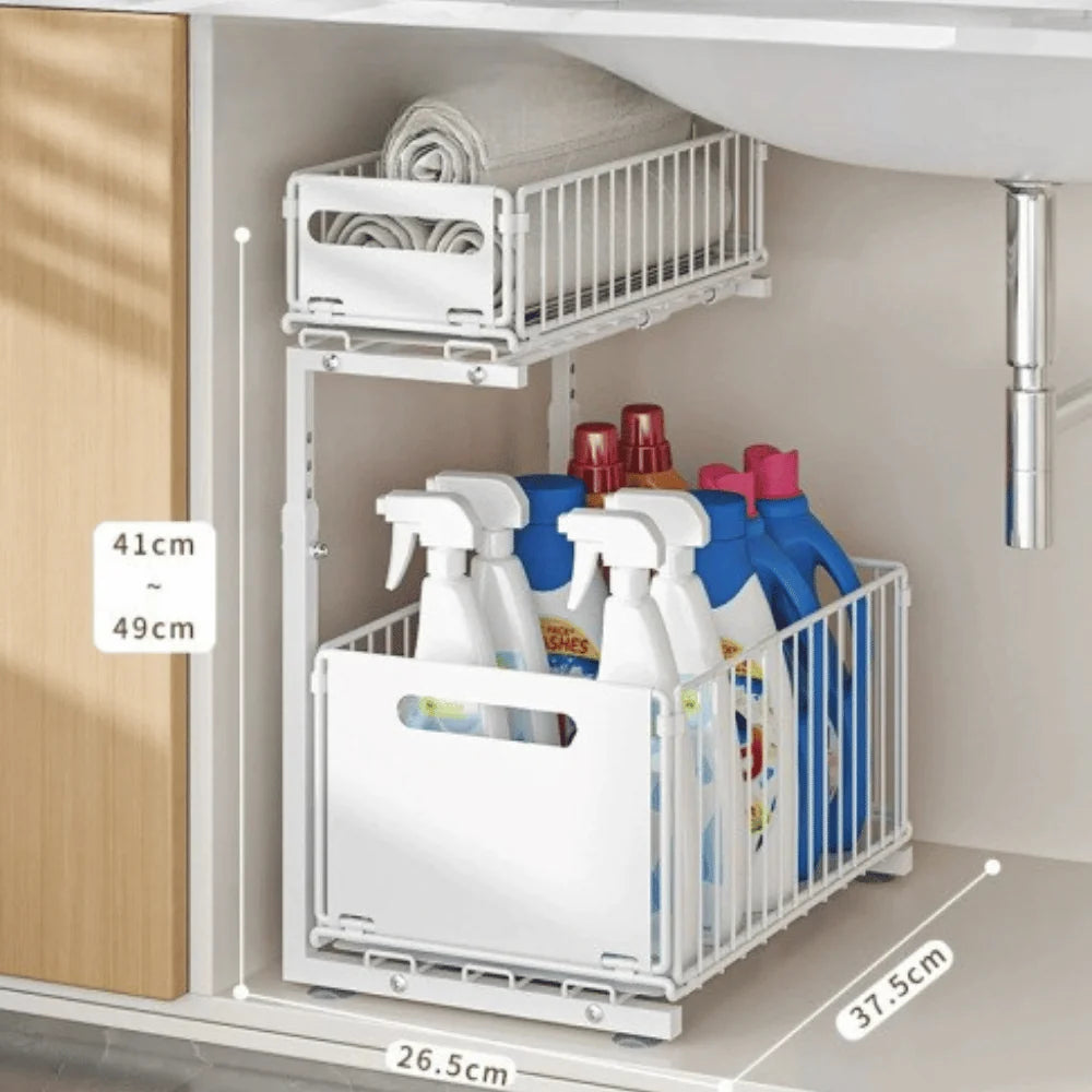 Cabinet Organizer Two-Tier Pull-Out Powder-Coated Steel Adjustable Height