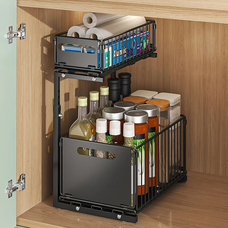 Cabinet Organizer Two-Tier Pull-Out Powder-Coated Steel Adjustable Height