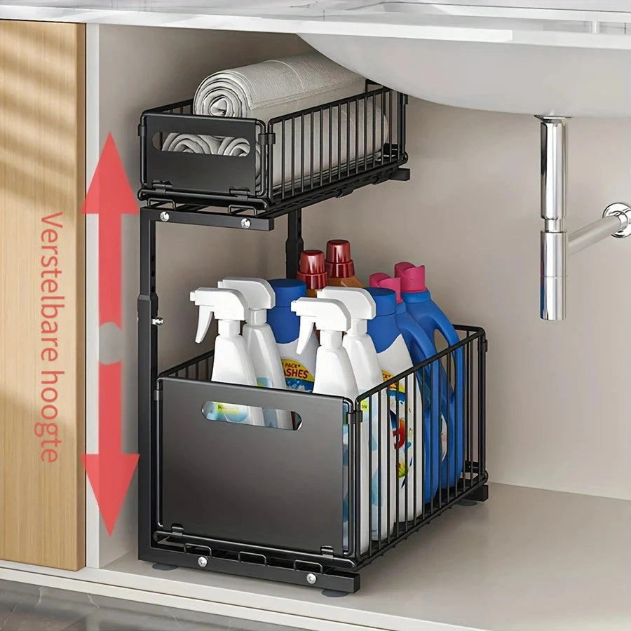 Cabinet Organizer Two-Tier Pull-Out Powder-Coated Steel Adjustable Height